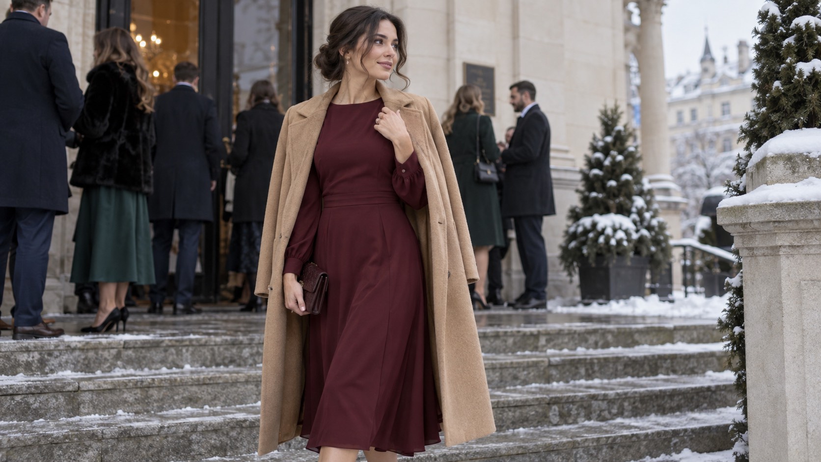 Invitată la cununie civilă iarna în rochie midi burgundy cu palton camel
