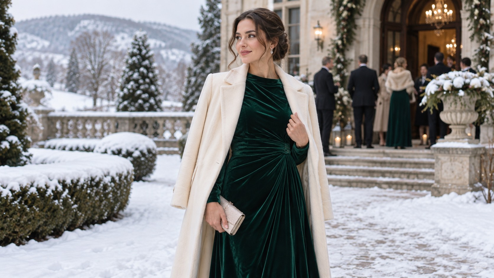 Invitată la nuntă de iarnă în rochie lungă de catifea verde cu mâneci lungi, sub un palton crem