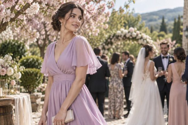 Invitată la nuntă de primăvară în rochie midi lila, sub pomi înfloriți