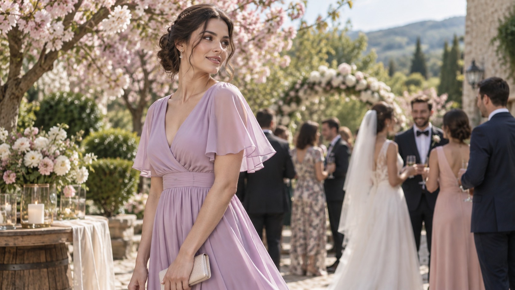 Invitată la nuntă de primăvară în rochie midi lila, sub pomi înfloriți