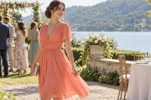 Invitată la nuntă de vară în rochie midi corai din voal, lângă un lac