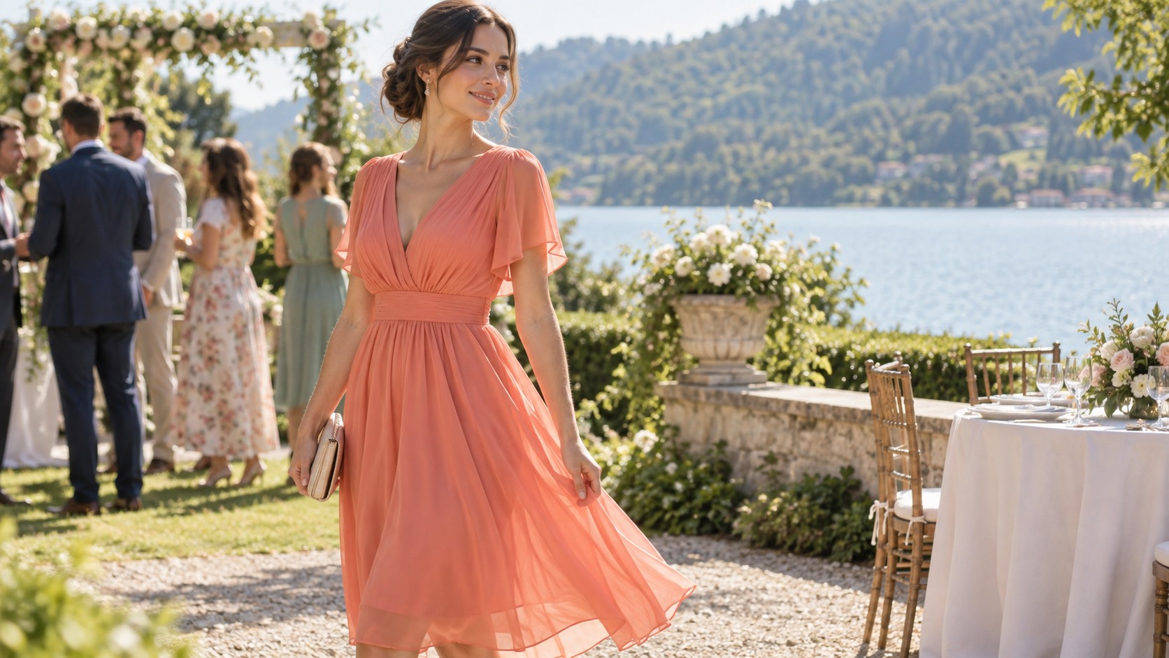 Invitată la nuntă de vară în rochie midi corai din voal, lângă un lac