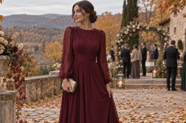 Invitată la nuntă în octombrie în rochie lungă bordo cu mâneci, printre copaci arămii