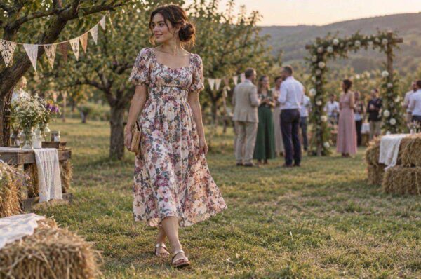 Invitată la o nuntă la țară în rochie midi cu flori, într-o livadă