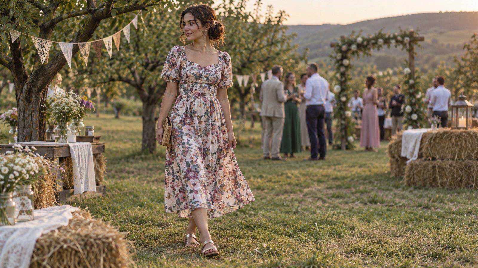 Invitată la o nuntă la țară în rochie midi cu flori, într-o livadă