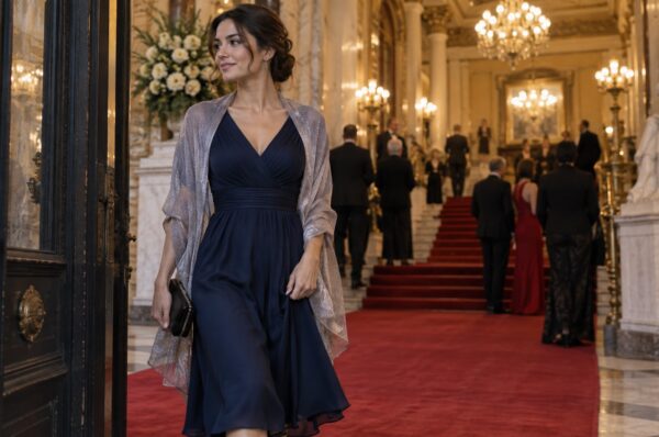 Femeie în rochie midi bleumarin cu șal, în foaierul operei