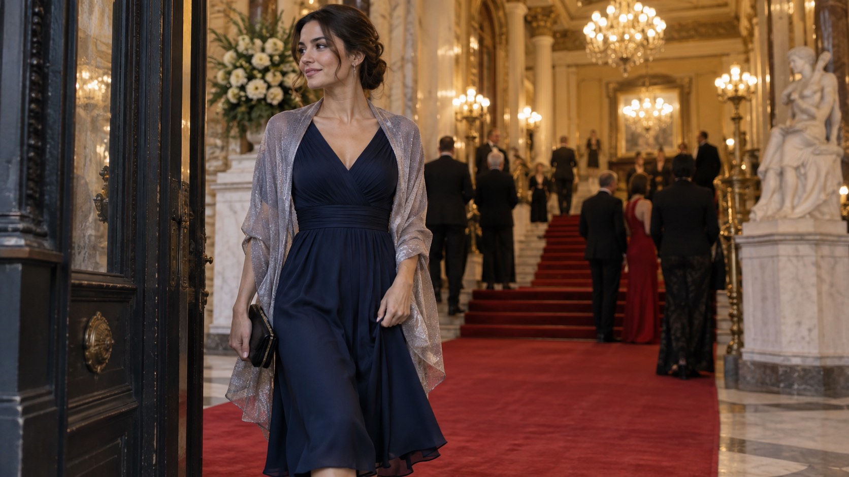 Femeie în rochie midi bleumarin cu șal, în foaierul operei