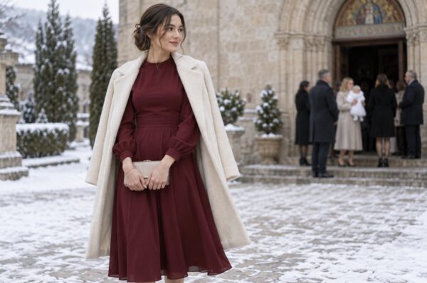 Invitată la botez de iarnă în rochie midi bordo cu mâneci lungi, cu palton crem