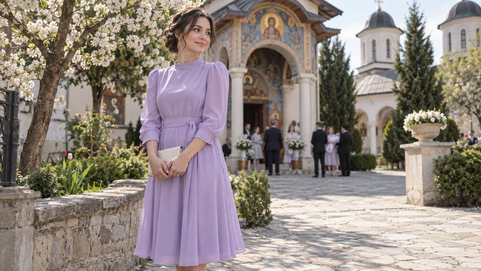 Invitată la botez de primăvară în rochie midi lila, în curtea bisericii