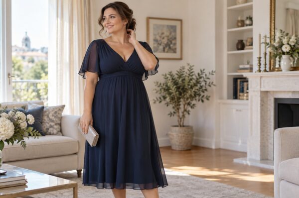 Femeie cu siluetă măr în rochie midi bleumarin cu talie înaltă și decolteu în V