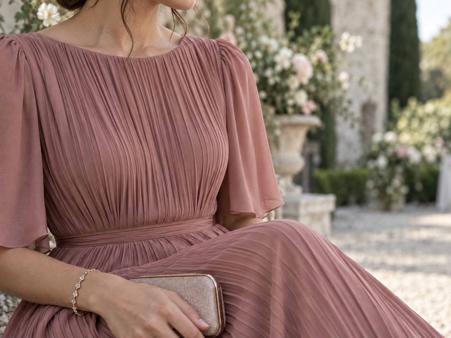 Detaliu: femeie în rochie midi plisată roz prăfuit, la o recepție de nuntă