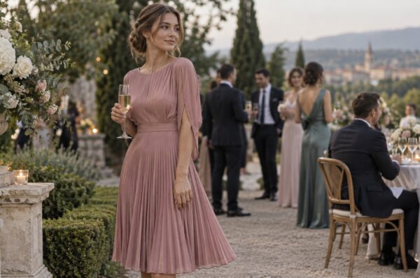 Femeie în rochie midi plisată roz prăfuit, la o recepție de nuntă