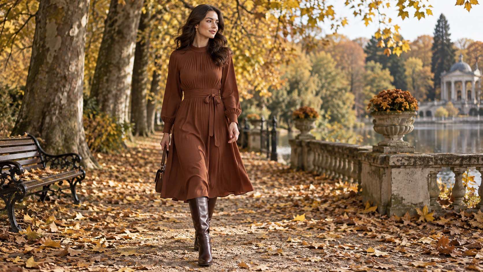 Femeie în parc toamna, în rochie midi maro ruginiu cu mâneci lungi și cizme