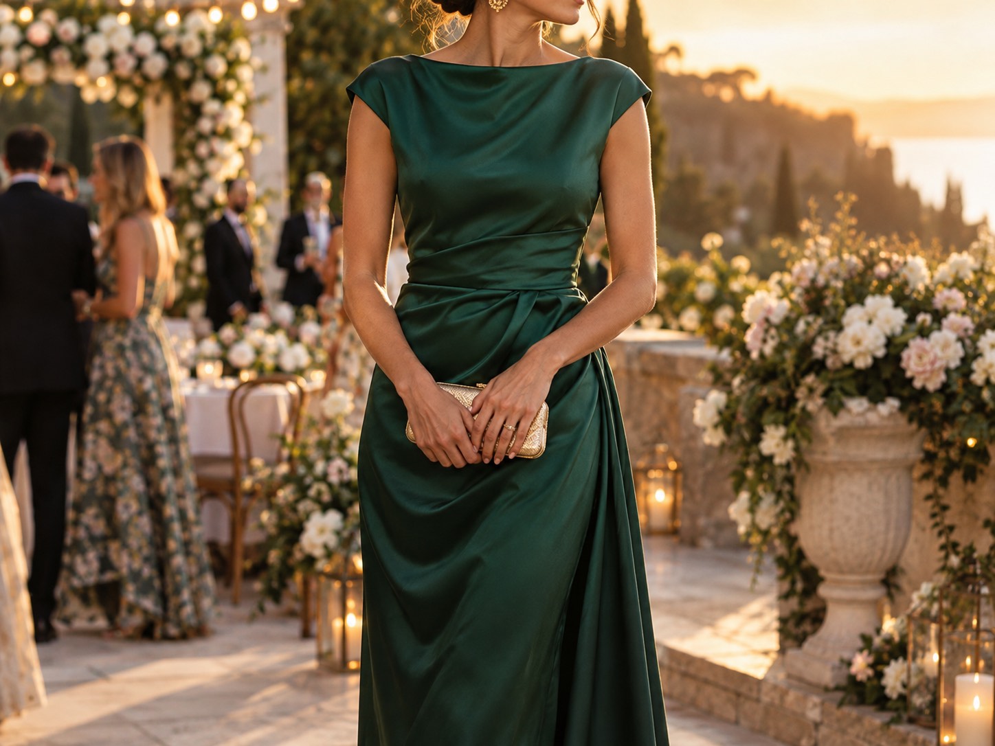 Detaliu: invitată la nuntă în rochie lungă verde smarald din satin, pe terasa unei locații de nuntă