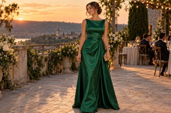Invitată la nuntă în rochie lungă verde smarald din satin, pe terasa unei locații de nuntă