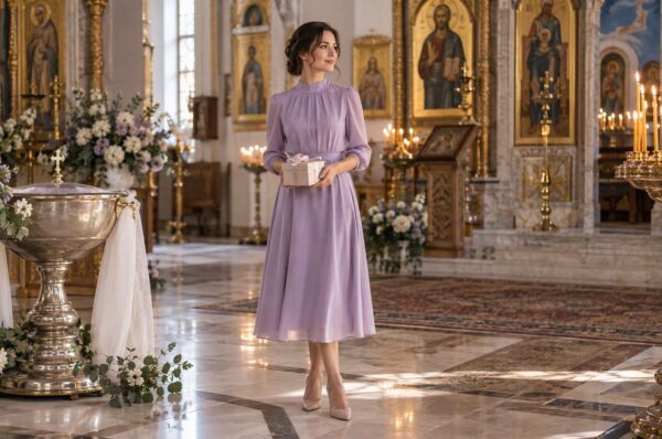 Invitată la botez în rochie midi lila cu umerii acoperiți, în biserică