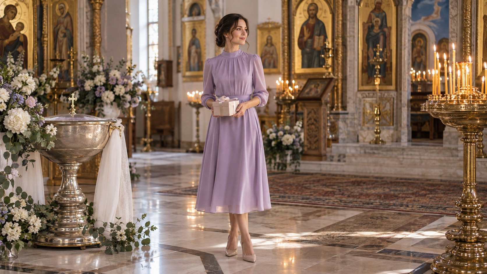 Invitată la botez în rochie midi lila cu umerii acoperiți, în biserică