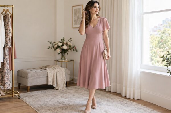 Femeie în rochie midi roz prăfuit cu decolteu în V şi mâneci fluture, lângă fereastră