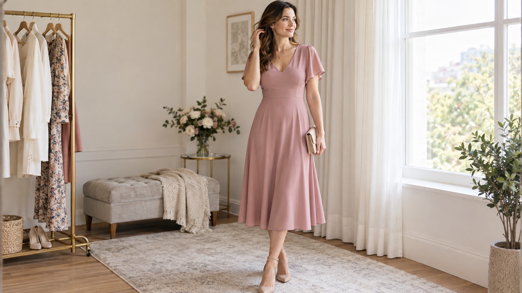 Femeie în rochie midi roz prăfuit cu decolteu în V şi mâneci fluture, lângă fereastră