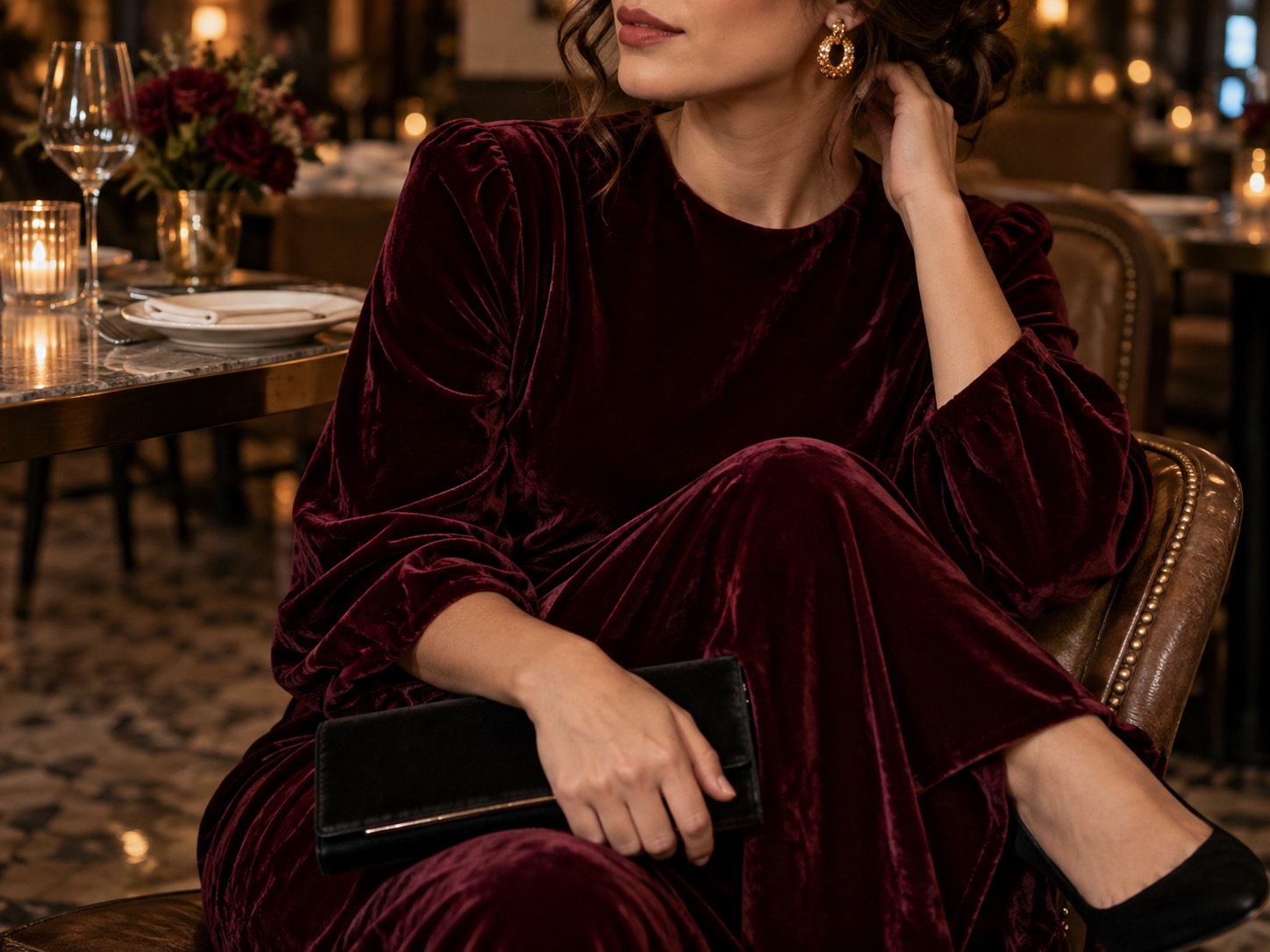 Detaliu de rochie de catifea burgundy cu plic negru și bijuterii aurii