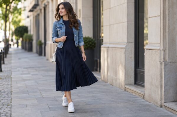 Femeie în rochie midi plisată bleumarin cu jachetă din denim și teniși, în oraș