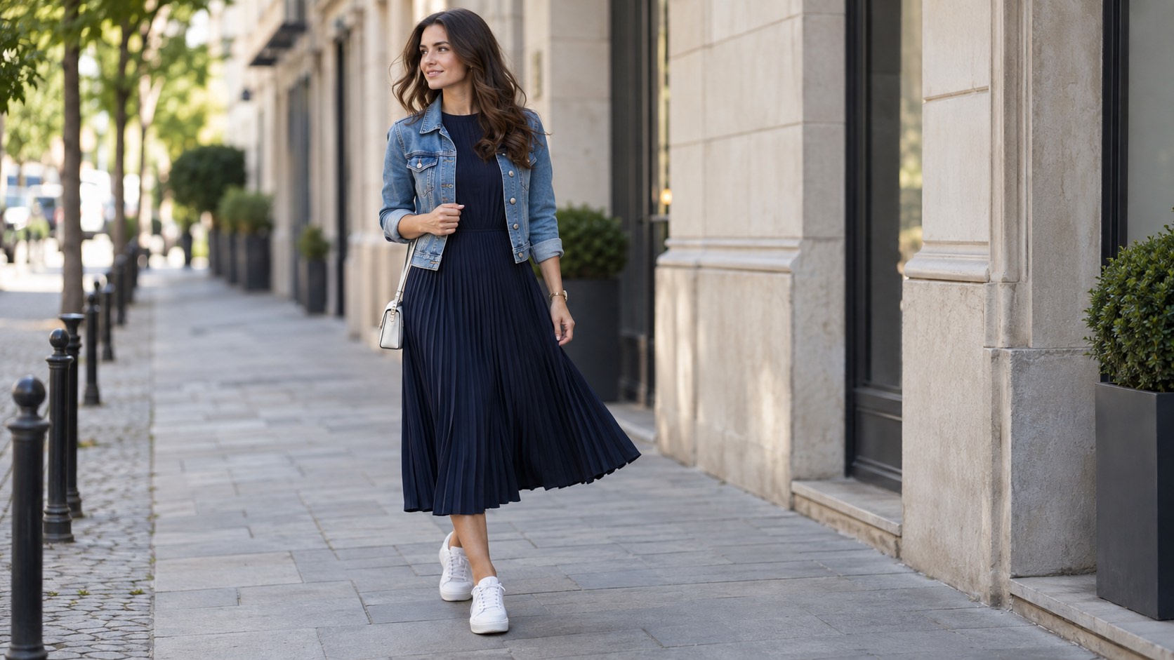 Femeie în rochie midi plisată bleumarin cu jachetă din denim și teniși, în oraș