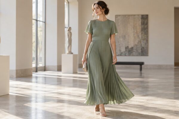 Femeie în rochie lungă plisată verde salvie, pliurile prinzând lumina
