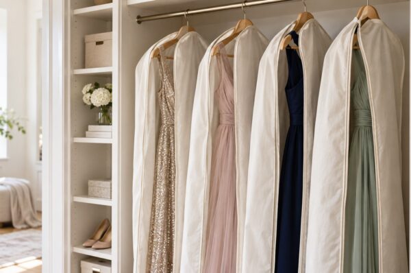 Rochii de ocazie în huse din bumbac, pe umerașe late, în dulap