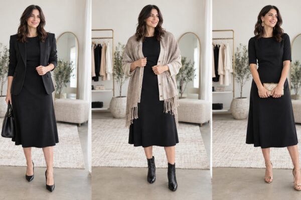 Aceeași rochie neagră midi în trei ținute: cu blazer, cu cardigan, cu accesorii de seară