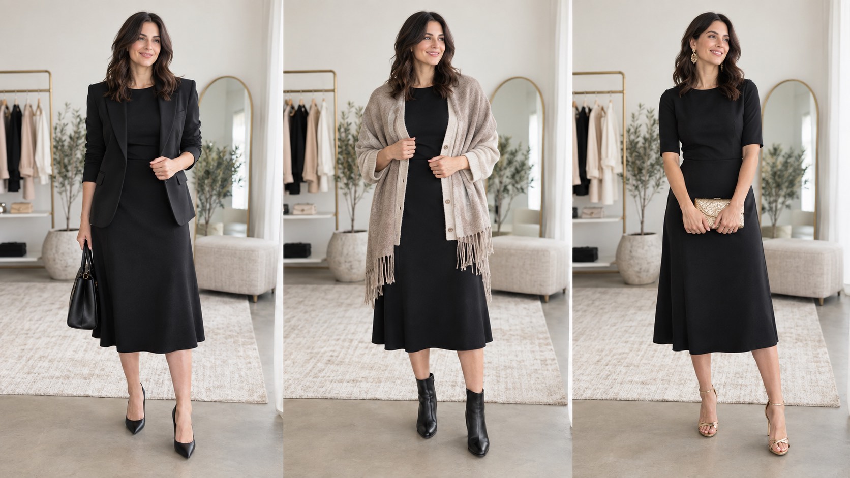 Aceeași rochie neagră midi în trei ținute: cu blazer, cu cardigan, cu accesorii de seară
