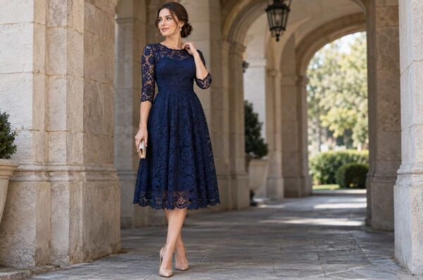 Femeie în rochie midi din dantelă bleumarin cu mâneci, sub o arcadă de piatră