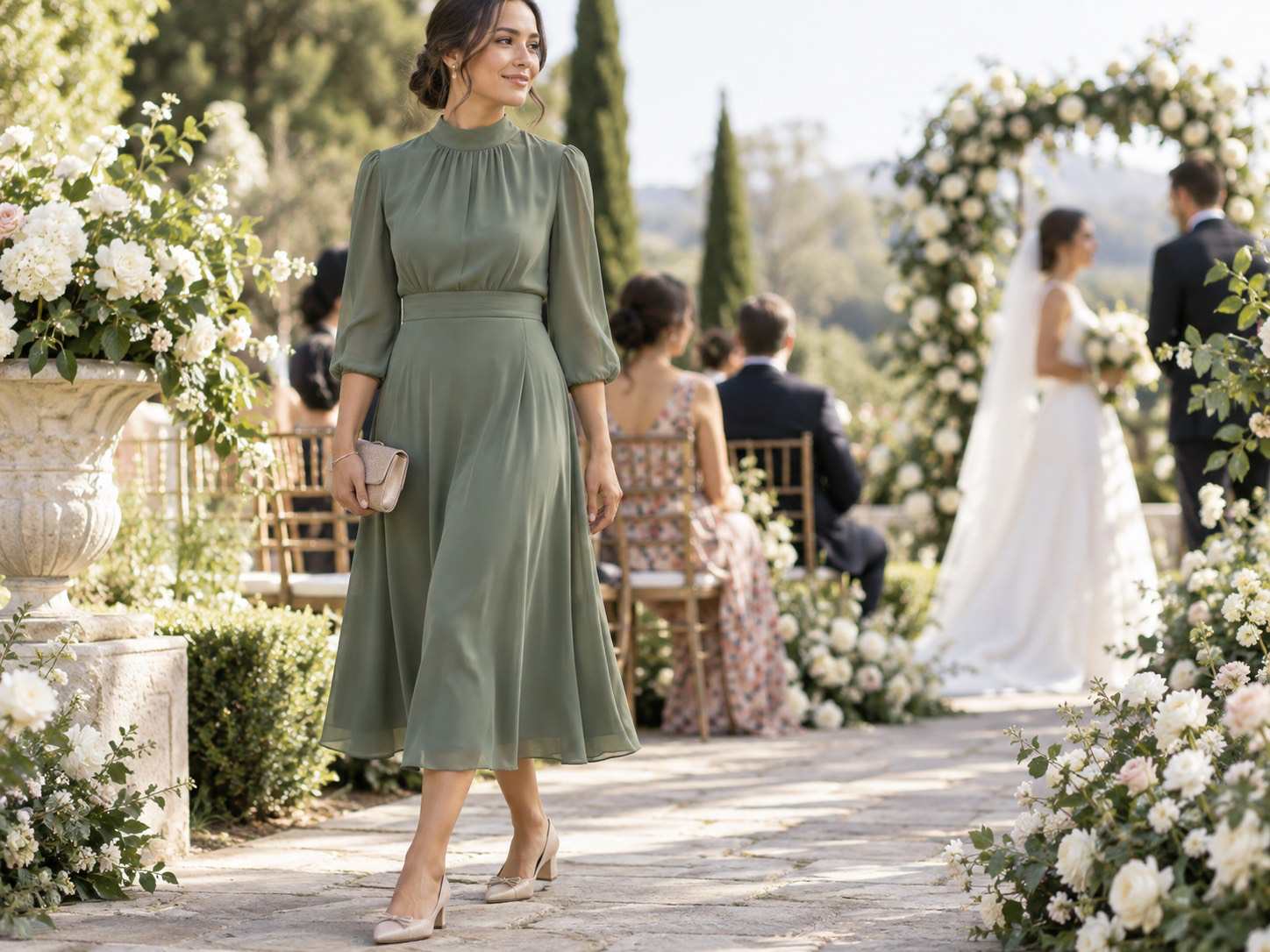 Detaliu: invitată în rochie midi verde salvie lângă mireasa în alb, la o ceremonie în grădină