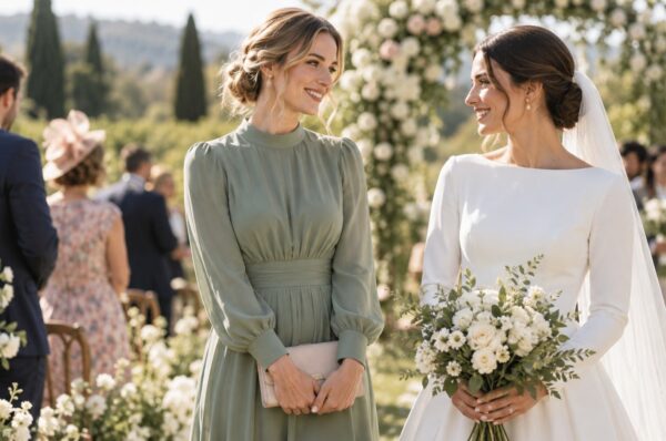 Invitată în rochie midi verde salvie lângă mireasa în alb, la o ceremonie în grădină