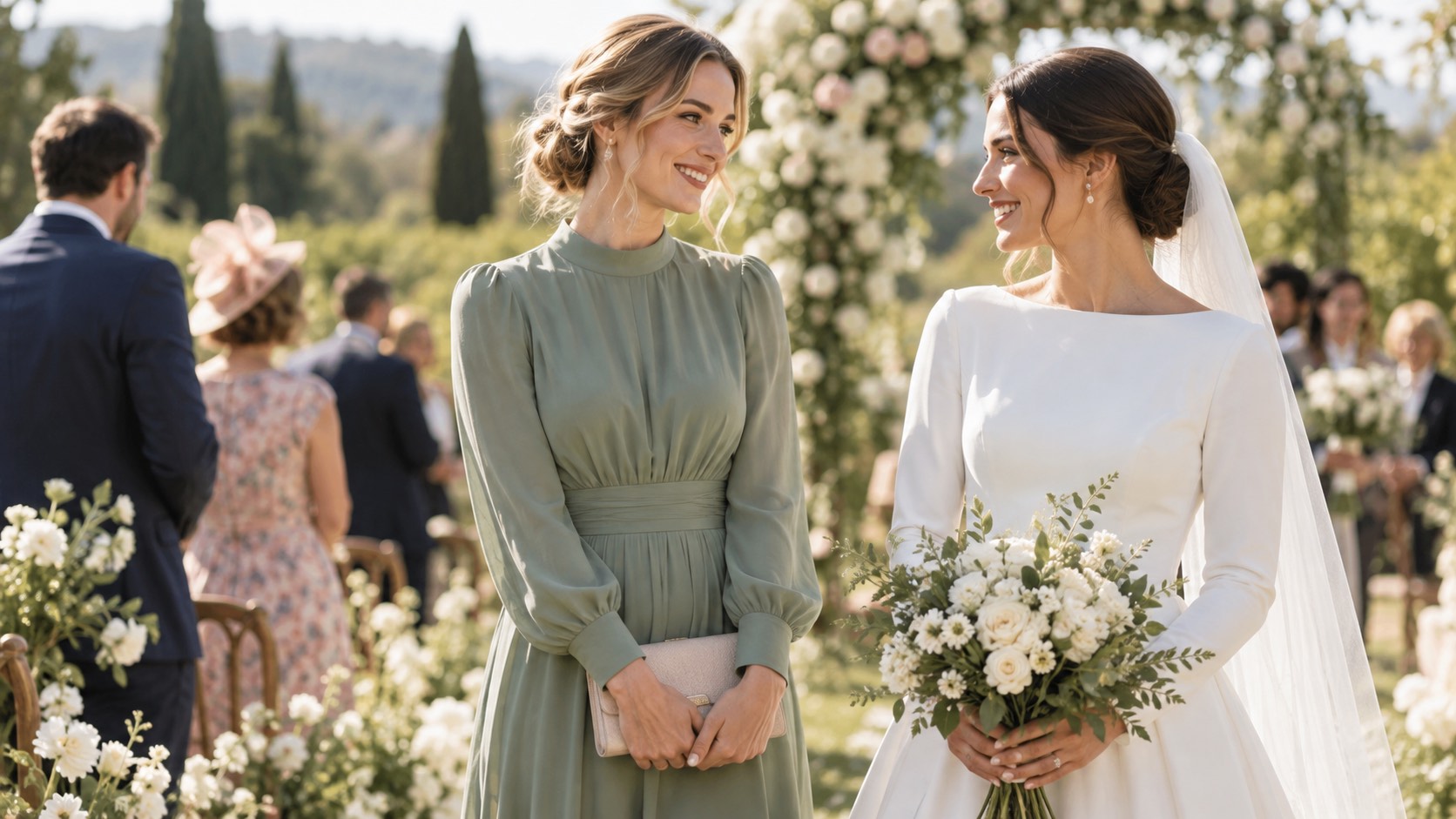 Invitată în rochie midi verde salvie lângă mireasa în alb, la o ceremonie în grădină