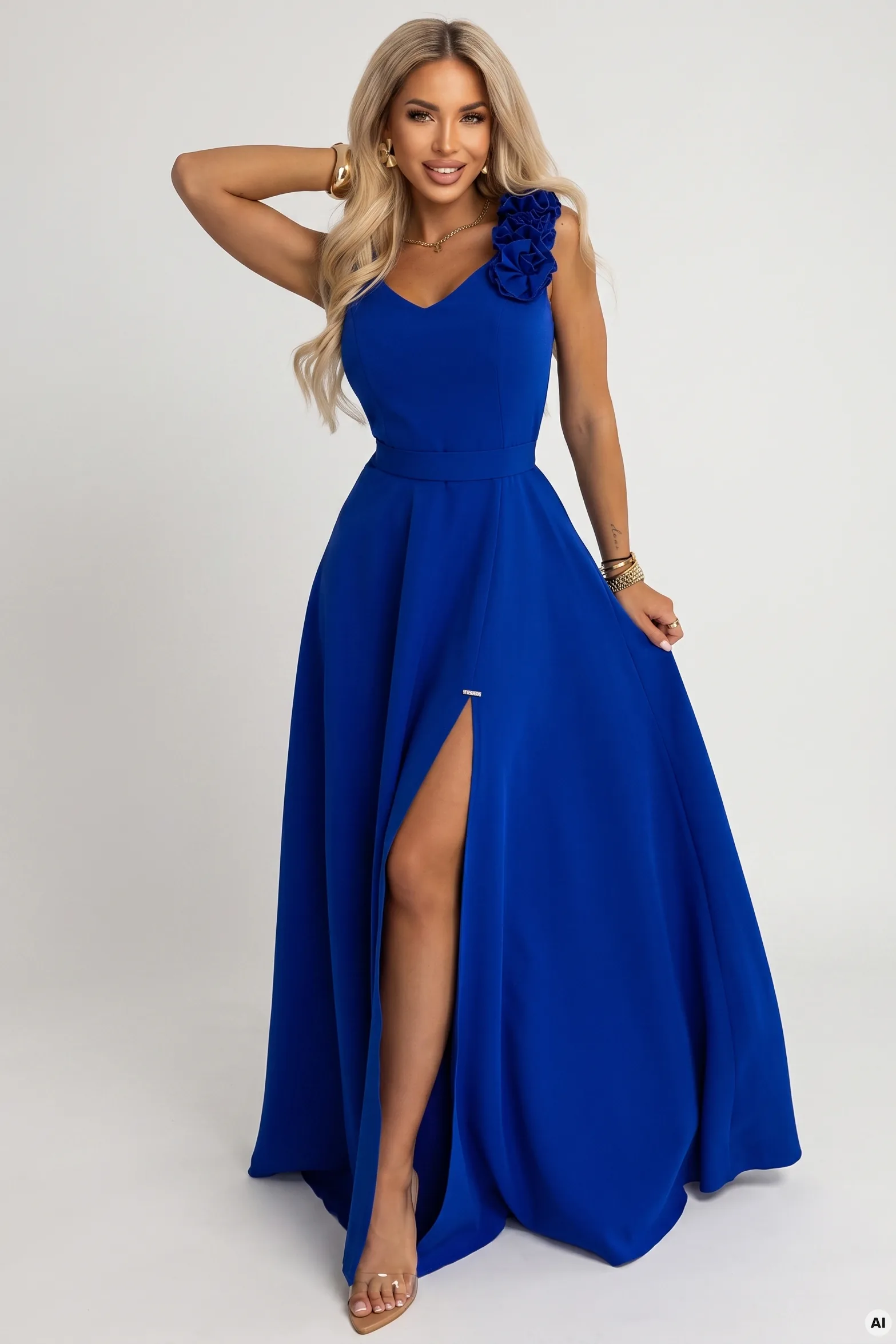 Rochie maxi albastru viorea cu trandafir pe umăr şi şliţ – fotografia 7