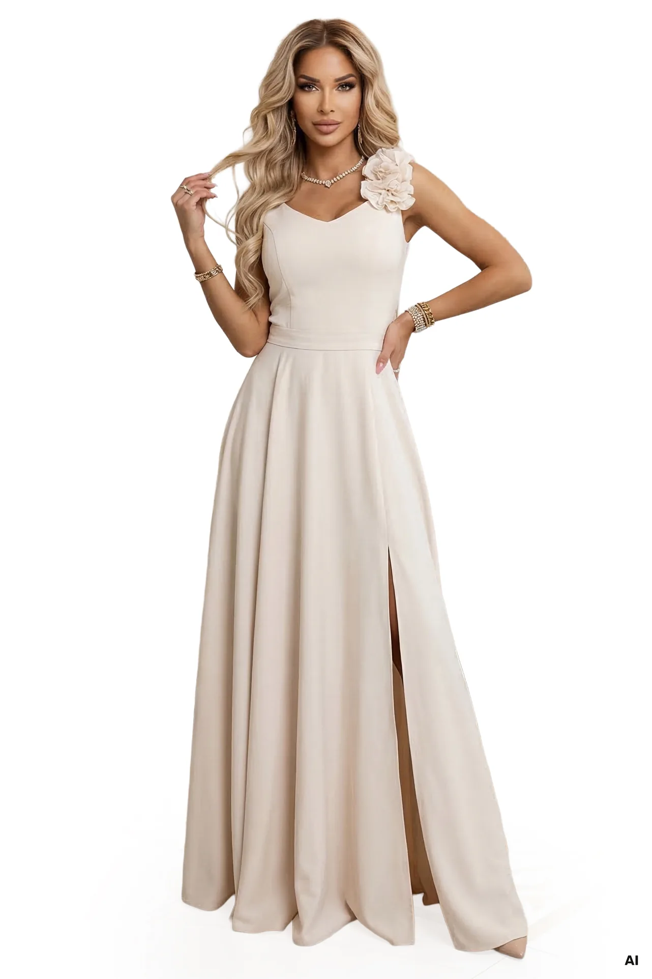 Rochie maxi bej cu trandafir pe umăr şi şliţ – fotografia 9