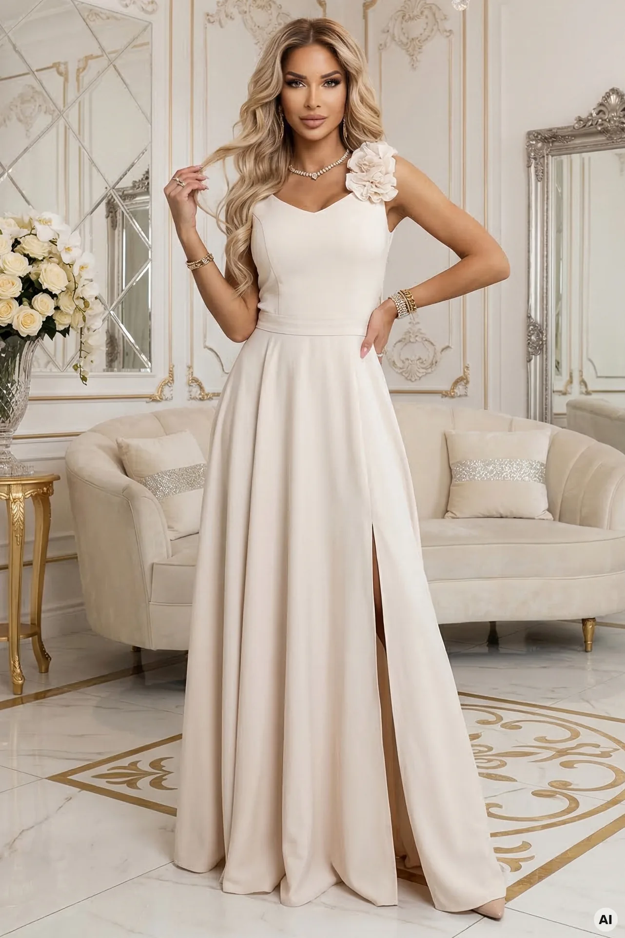 Rochie maxi bej cu trandafir pe umăr şi şliţ