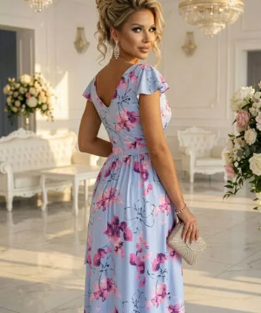Rochie midi albastră cu flori roz şi decolteu petrecut – fotografia 2