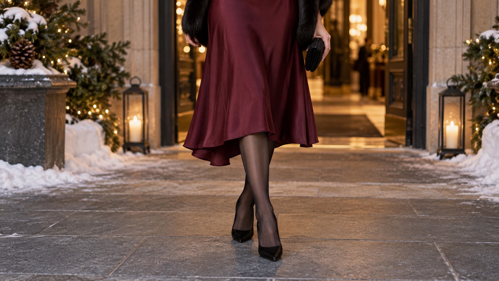 Rochie midi bordo cu ciorapi negri subțiri și pantofi negri, prim-plan de la talie în jos