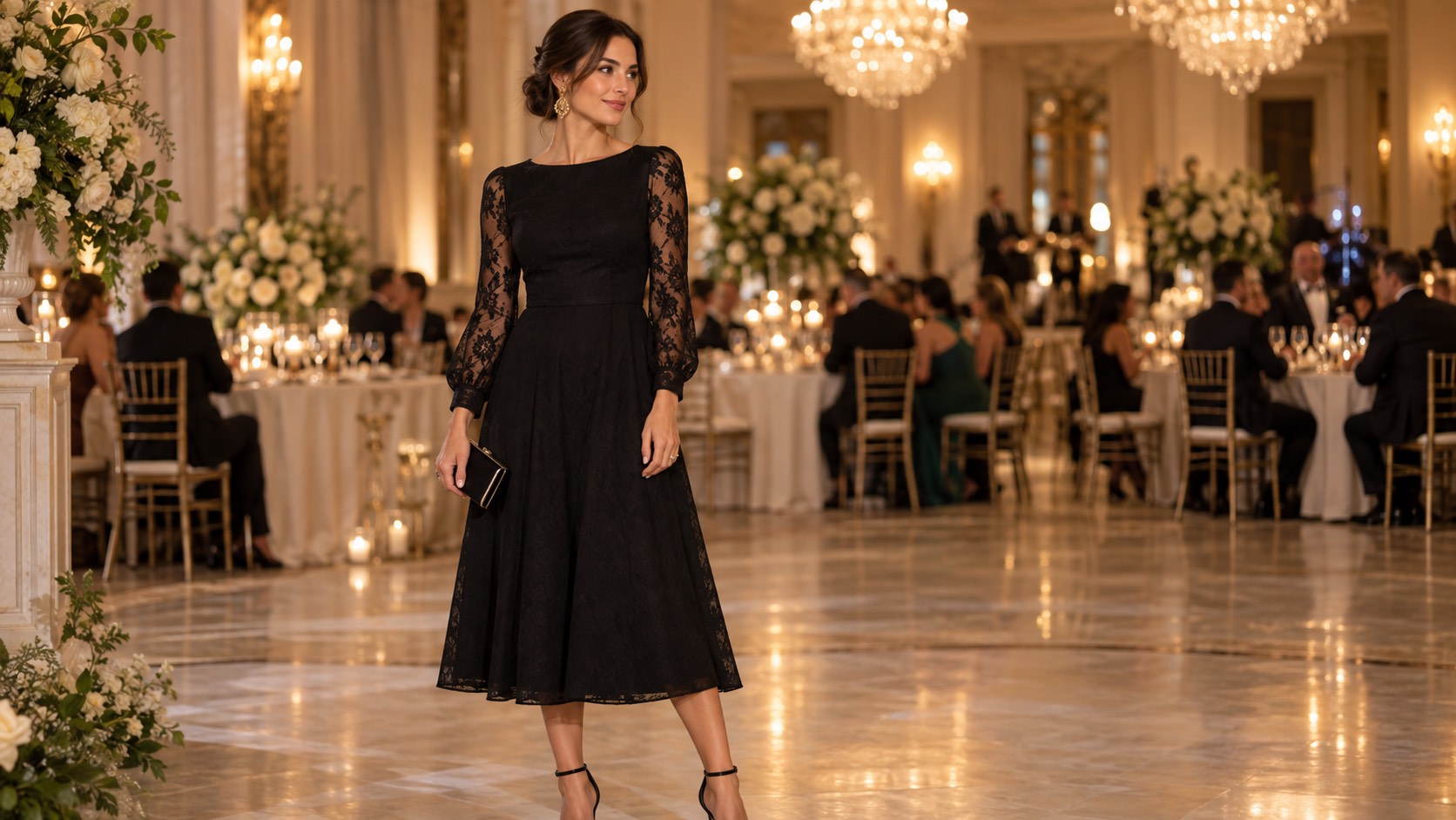 Invitată la nuntă în rochie neagră midi cu mâneci din dantelă, într-o sală de bal seara