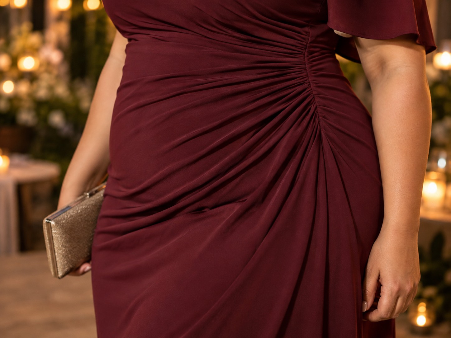 Detaliu: femeie plus size în rochie midi mulată bordo cu drapaj pe talie