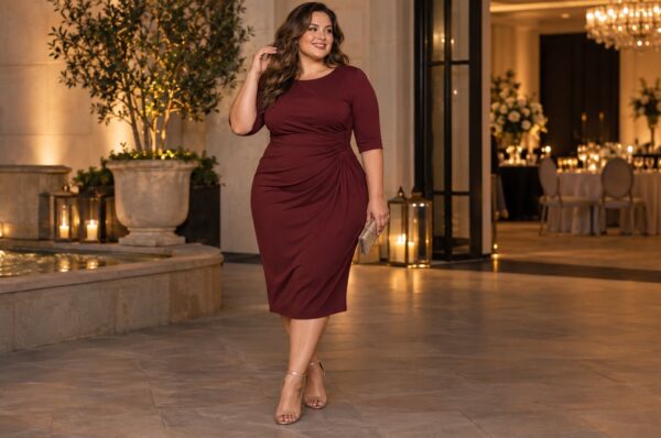 Femeie plus size în rochie midi mulată bordo cu drapaj pe talie