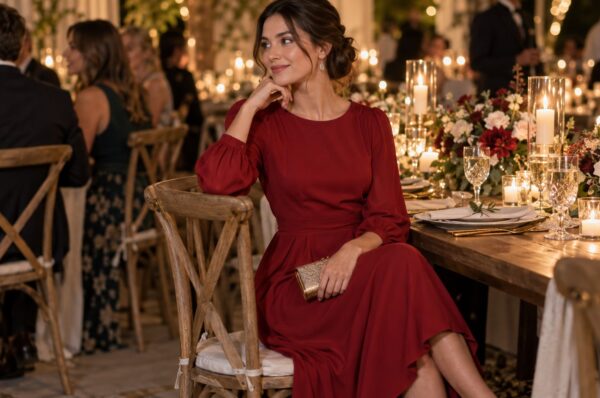 Invitată la nuntă în rochie midi roșu închis, la masa de recepție, seara