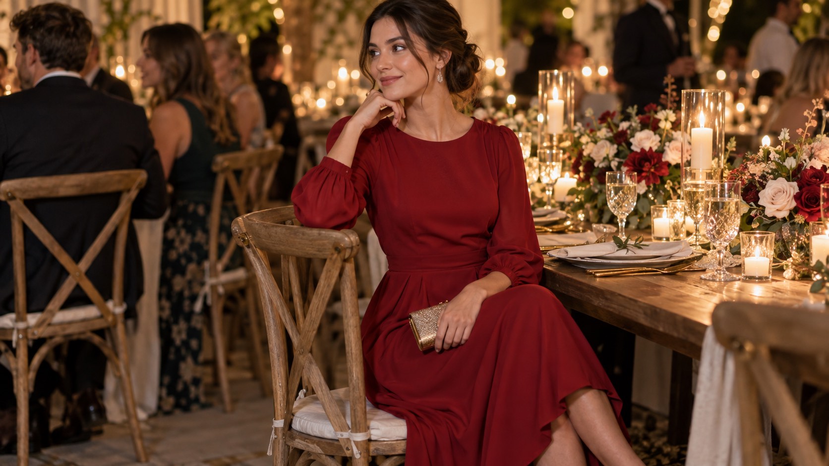 Invitată la nuntă în rochie midi roșu închis, la masa de recepție, seara